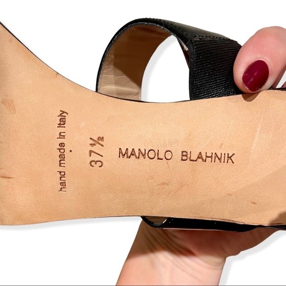 Manolo Blahnik Angufac 70 Black Patent Leather Double Strap Mule Heeled Sandals - Picture 7 of 8